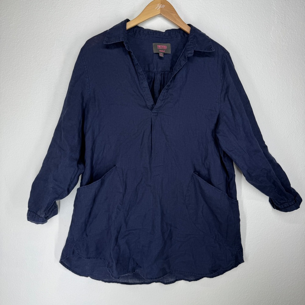 Forcynthia Beachwear Navy 100% Linen Roll Tab Sleeve Tunic Top‎ Plus 1X Pockets
